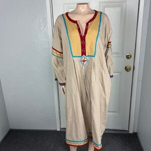 Gudrun Sjoden Dress XL Native Cotton Linen Pockets Pocahontas Embroidered L/S R1